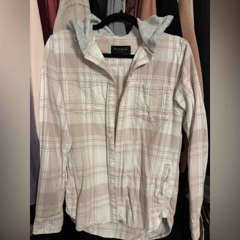 PacSun Beige and Cream Plaid Hooded Shacket